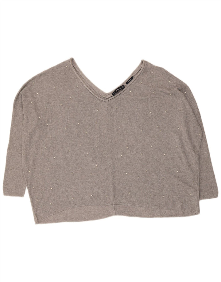 Zara Suéter feminino oversized com decote em V Reino Unido 14 cinza médio