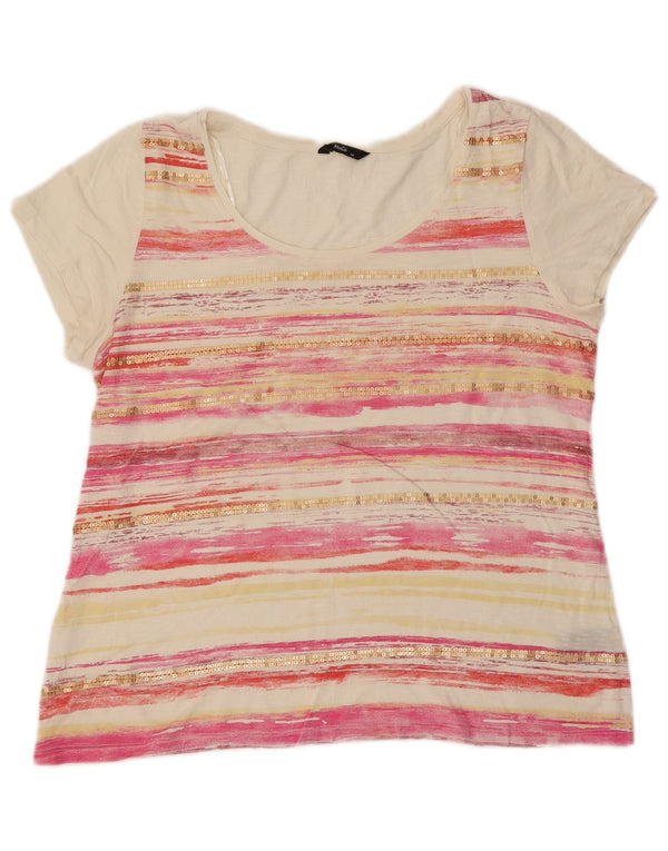 Camiseta feminina M&Co UK 14 algodão listrado branco médio