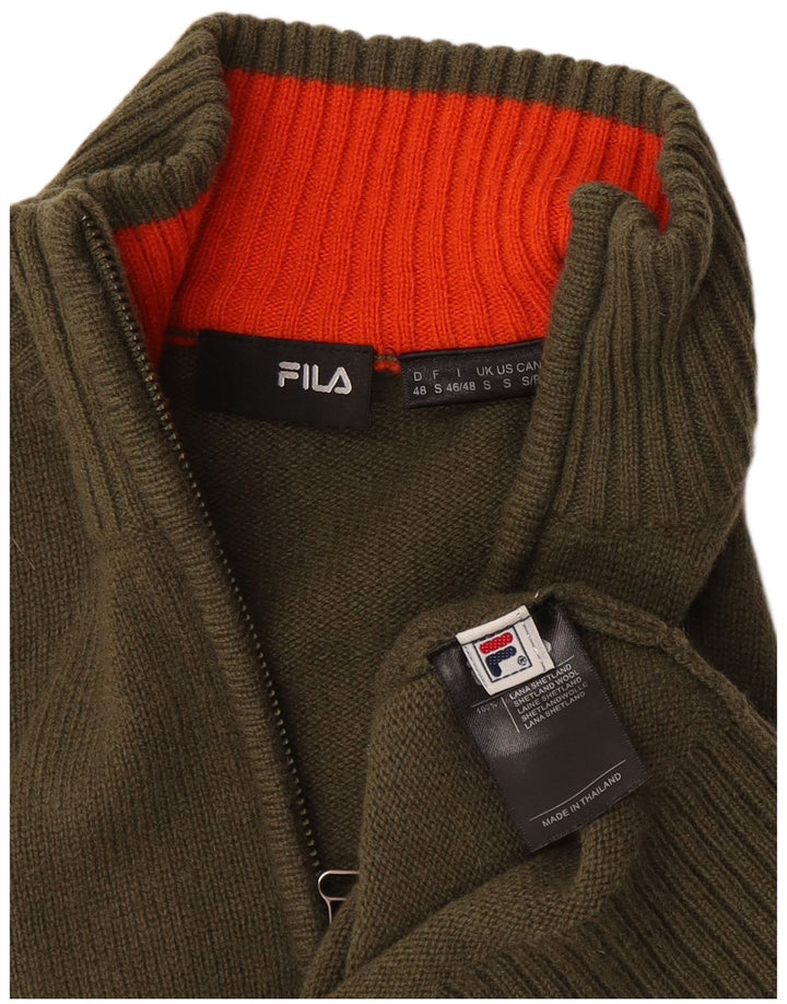 Suéter masculino Fila com zíper e gola pequena de lã cáqui pequena