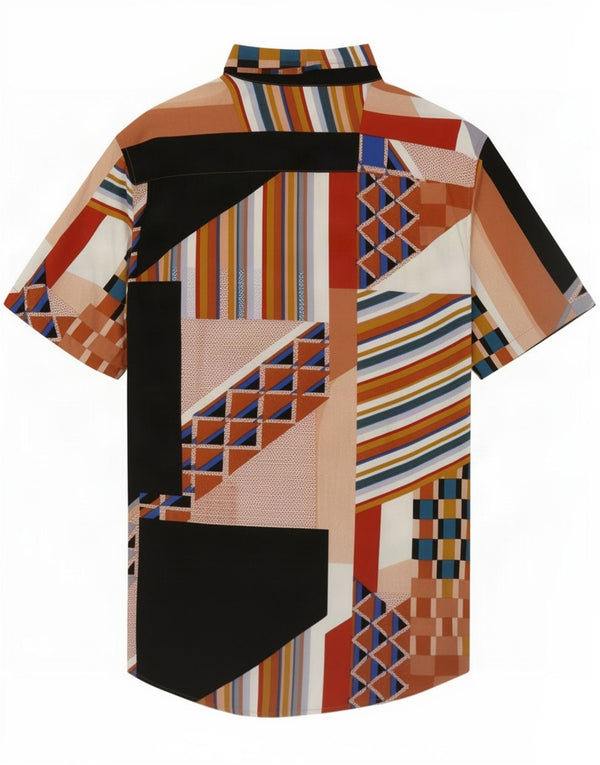 Camisa masculina de manga curta de algodão e seda XL Viscose geométrica multicolorida