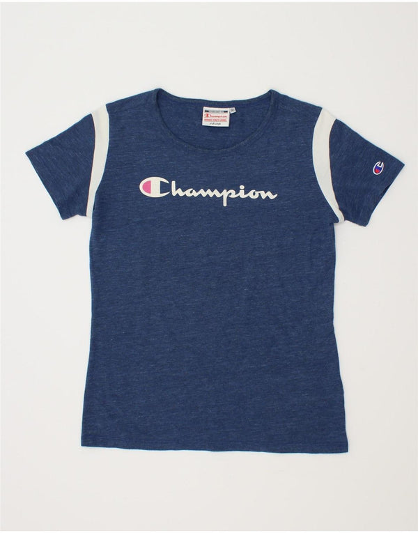 Camiseta feminina com estampa CHAMPION UK 14 algodão manchado azul marinho médio