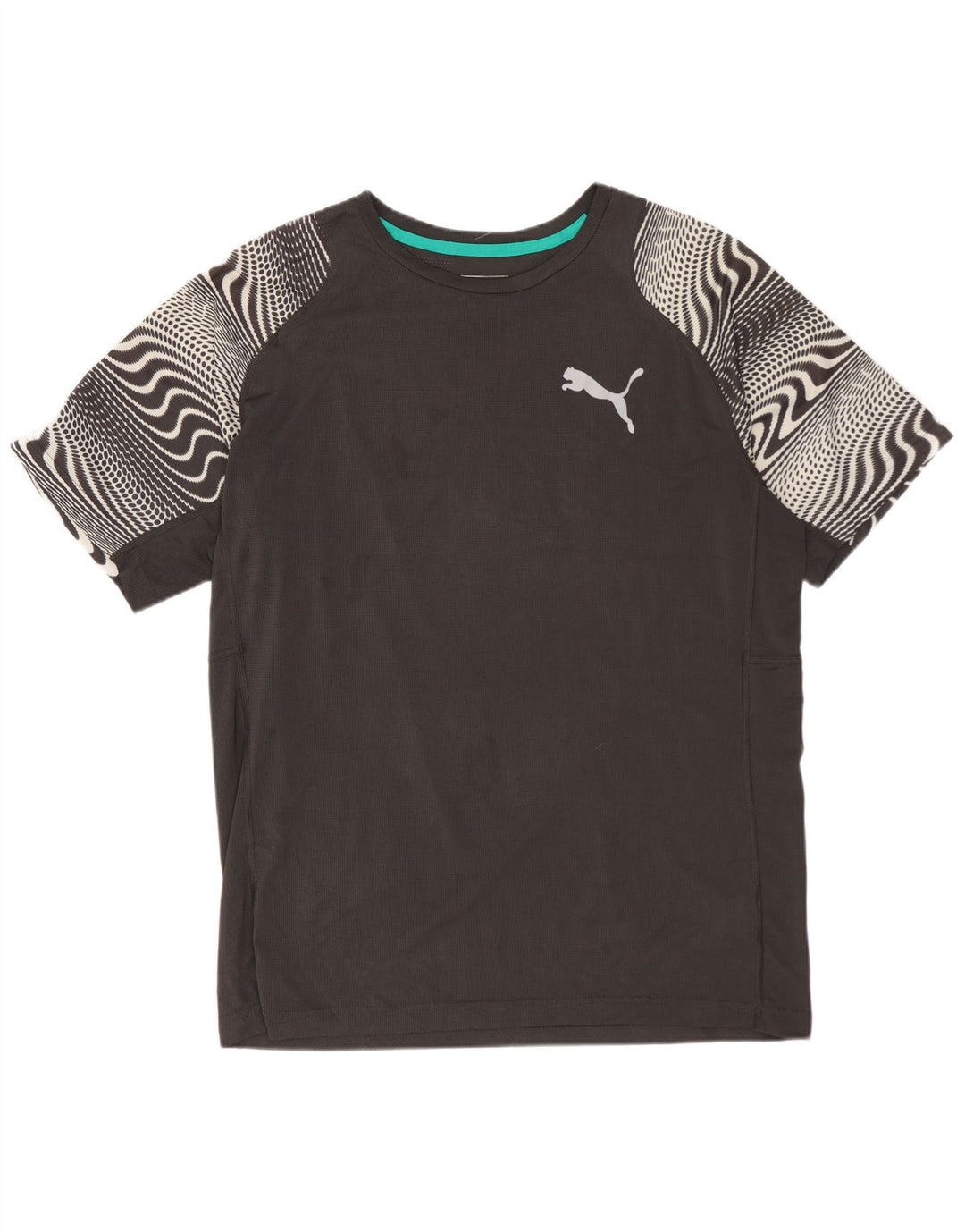 Camiseta masculina PUMA com estampa gráfica cinza médio poliéster geométrico