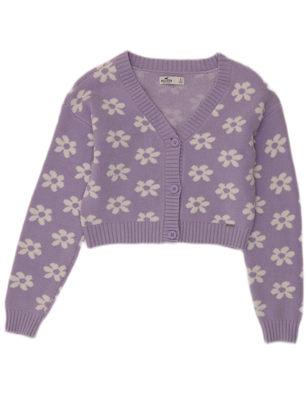 Suéter cardigã feminino HOLLISTER Reino Unido 10 pequeno algodão floral roxo