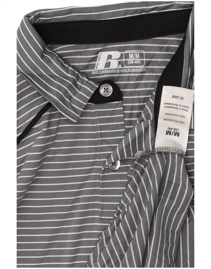 Camisa polo masculina RUSSELL ATLÉTICA Reino Unido 38/40 poliéster listrado cinza médio