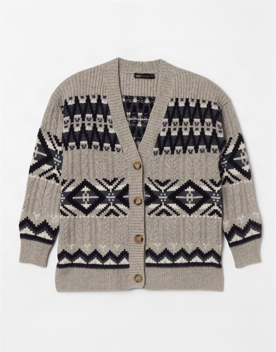 Suéter cardigã feminino Marks & Spencer Reino Unido 14 cinza médio Fair Isle