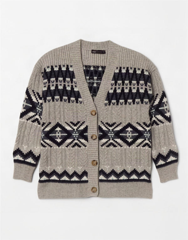 Suéter cardigã feminino Marks & Spencer Reino Unido 14 cinza médio Fair Isle