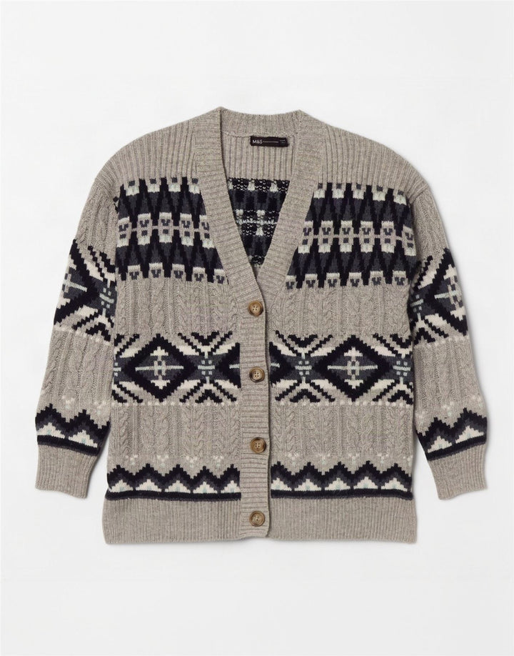 Suéter cardigã feminino Marks & Spencer Reino Unido 14 cinza médio Fair Isle