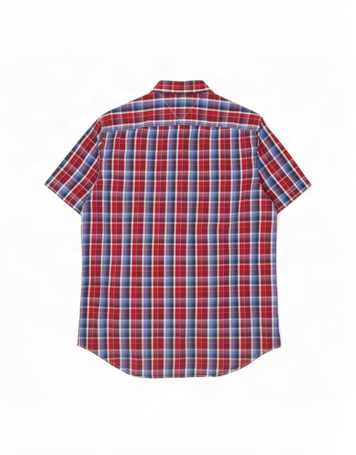 Tommy Hilfiger Camisa masculina de manga curta personalizada de algodão xadrez médio vermelho
