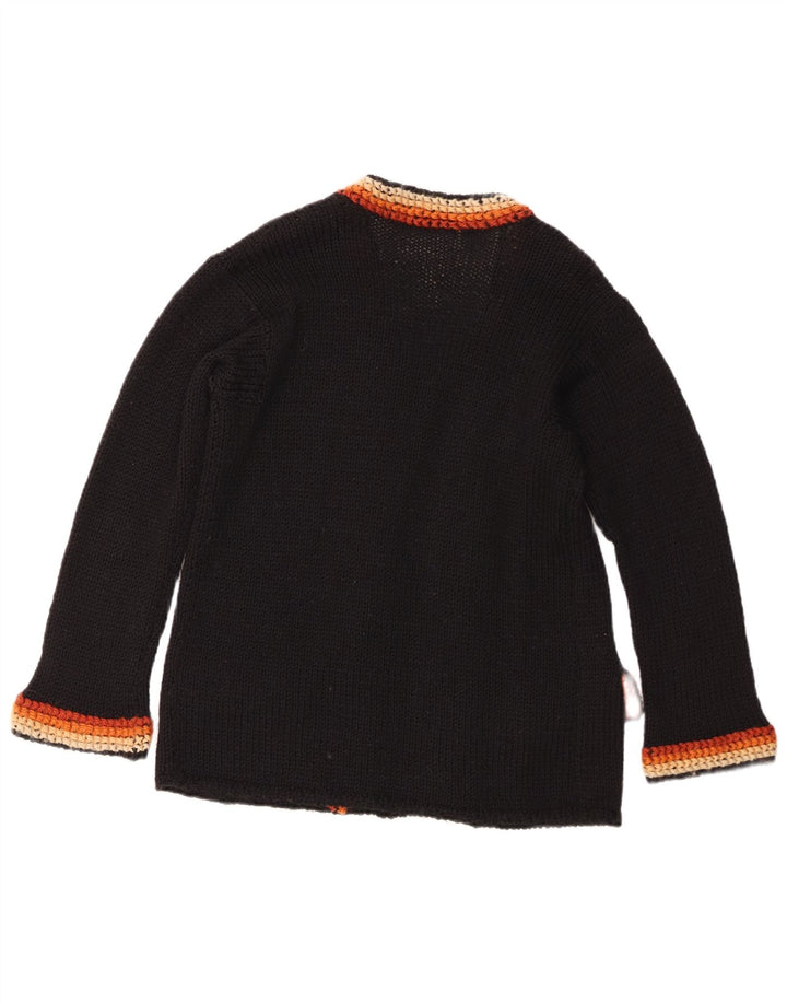 Suéter cardigã aberto feminino vintage Reino Unido 14 bloco colorido preto médio