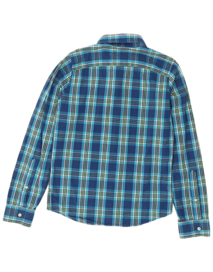 Camisa masculina Hollister pequena xadrez azul de algodão