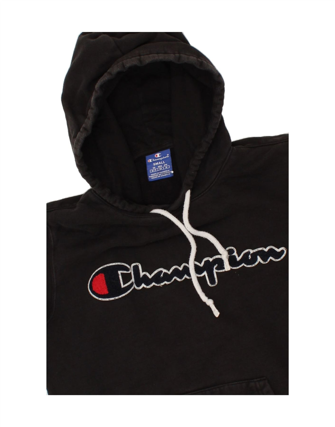 CHAMPION Mens Graphic Hoodie Jumper Small Black Cotton Vintage Champion and Second-Hand Champion from Messina Hembry 