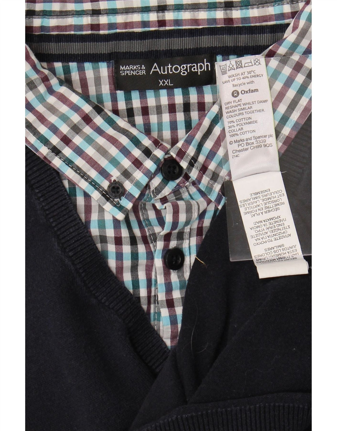 MARKS & SPENCER Mens Autograph V-Neck Jumper Sweater 2XL Navy Blue Cotton Vintage Marks & Spencer and Second-Hand Marks & Spencer from Messina Hembry 