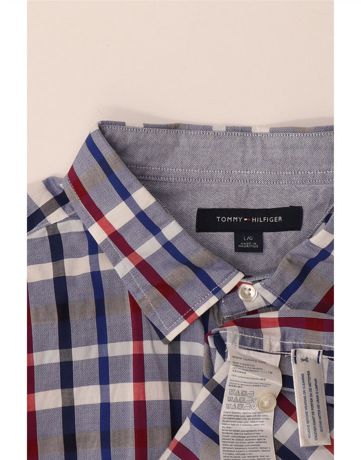 Tommy Hilfiger Camisa masculina de manga curta grande algodão xadrez azul