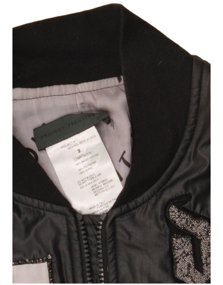 Jaqueta masculina vintage Bomber Graphic encerada Reino Unido 38 patchwork preto médio