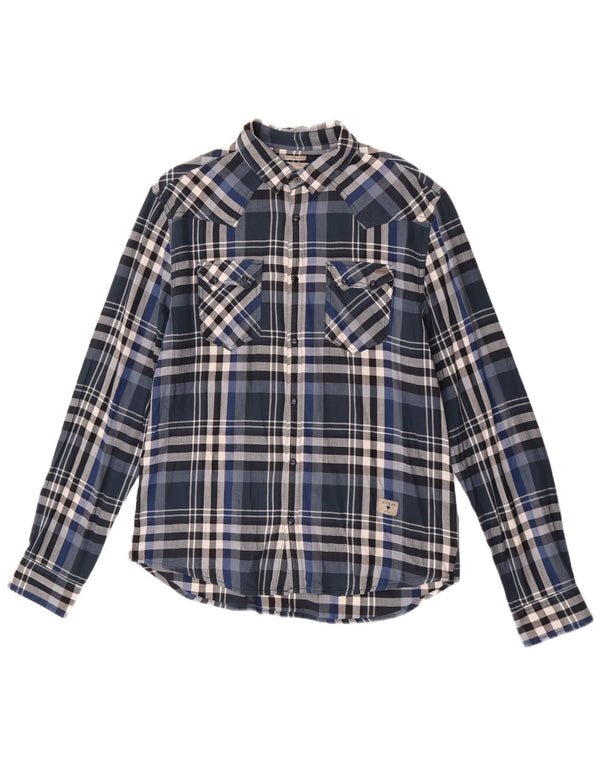 Guess Camisa masculina de flanela slim fit Reino Unido 40 algodão xadrez azul marinho médio
