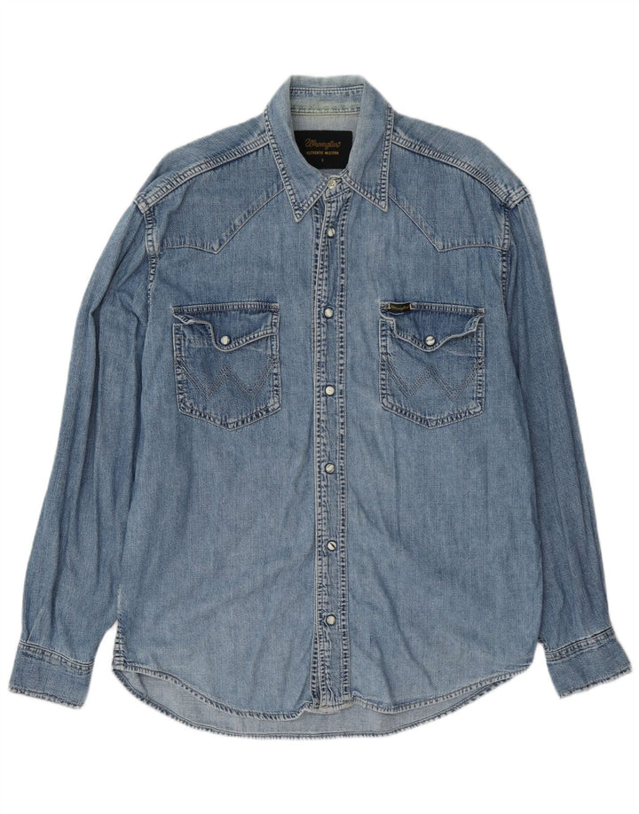 Wrangler Camisa jeans masculina ocidental pequena de algodão azul