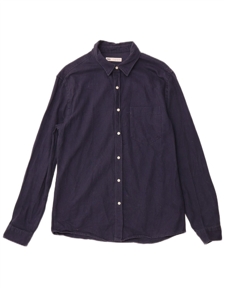 Camisa masculina de flanela ZARA médio algodão azul marinho