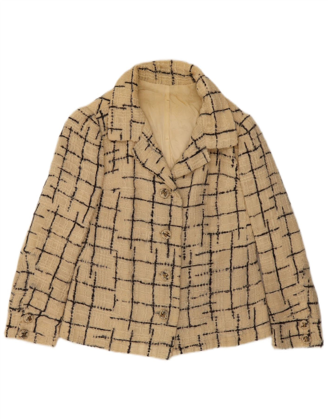 Jaqueta blazer feminina vintage com 4 botões Reino Unido 10 pequena xadrez bege