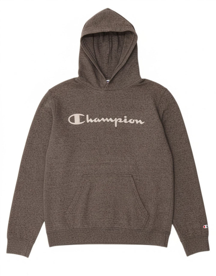 CHAMPION Suéter com capuz gráfico masculino cinza médio
