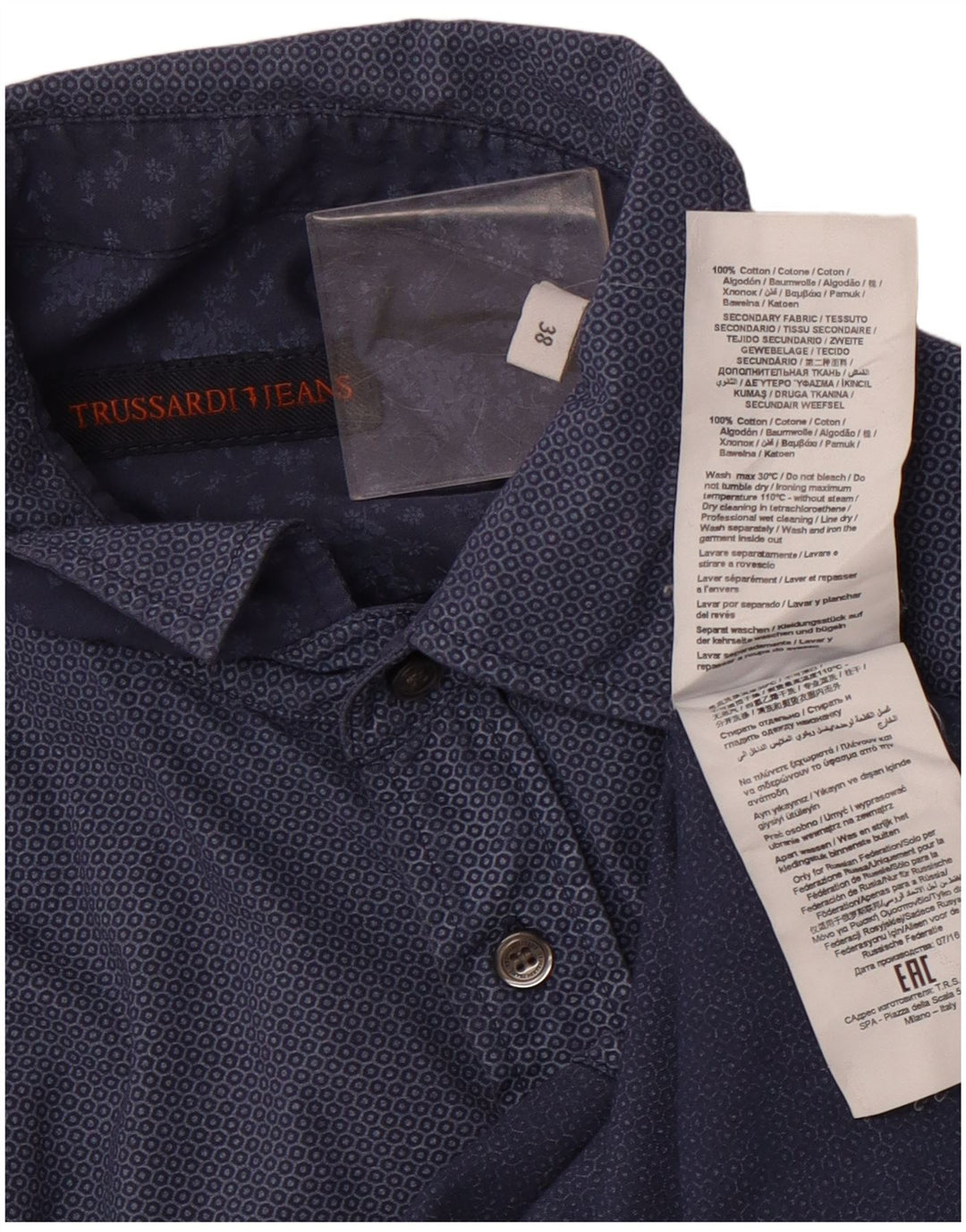 Camisa masculina TRUSSARDI JEANS tamanho 38 algodão geométrico azul marinho médio