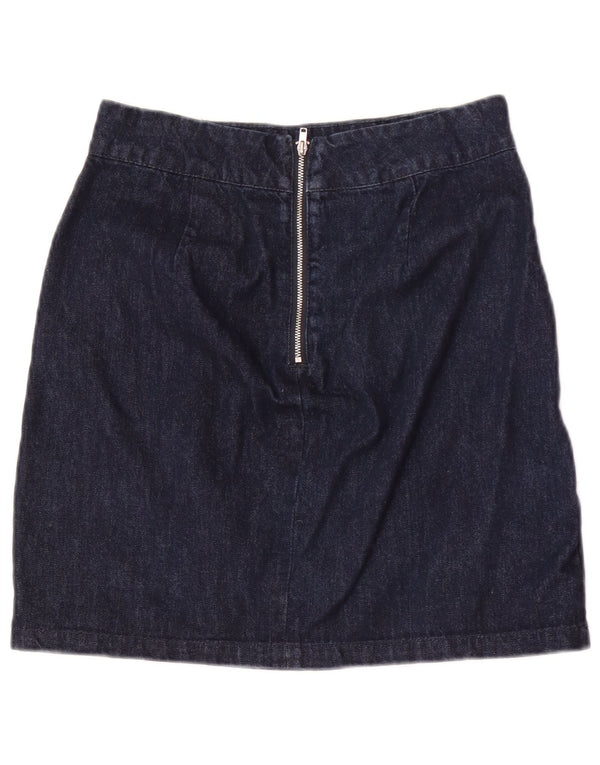 Saia jeans feminina Warehouse UK 10 pequena W28 algodão floral azul