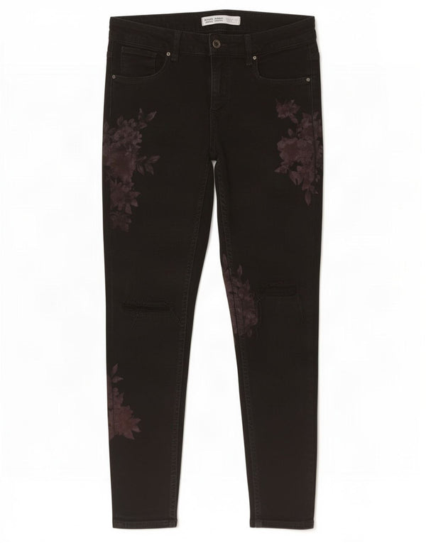 Zara Jeans skinny feminino desgastado UE 38 pequeno W28 L27 preto floral