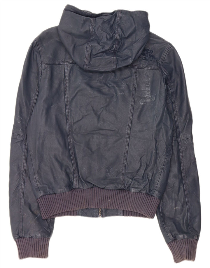 Jaqueta de couro com capuz feminino Superdry Reino Unido 14 couro azul marinho médio