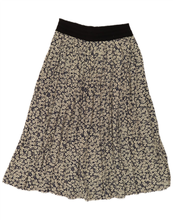 Saia larga feminina vintage W28 médio azul marinho floral