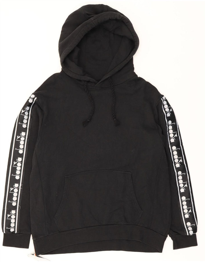 DIADORA Mens Graphic Hoodie Jumper Small Black Cotton Vintage Diadora and Second-Hand Diadora from Messina Hembry 