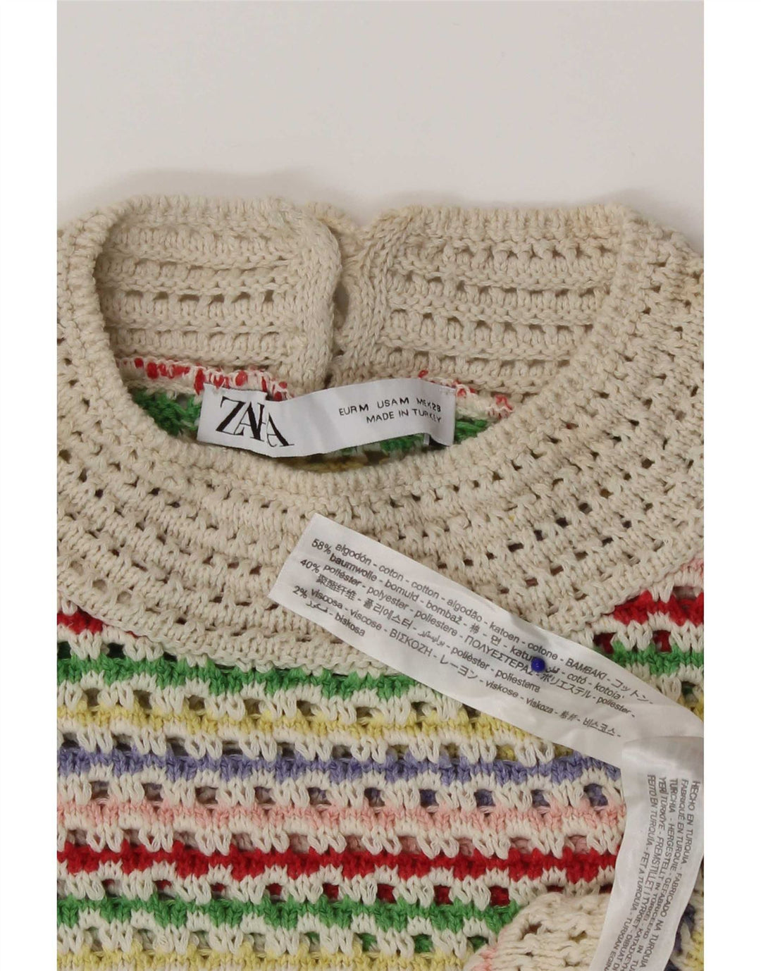 Top feminino de crochê Zara UK 12 algodão listrado multicolorido médio