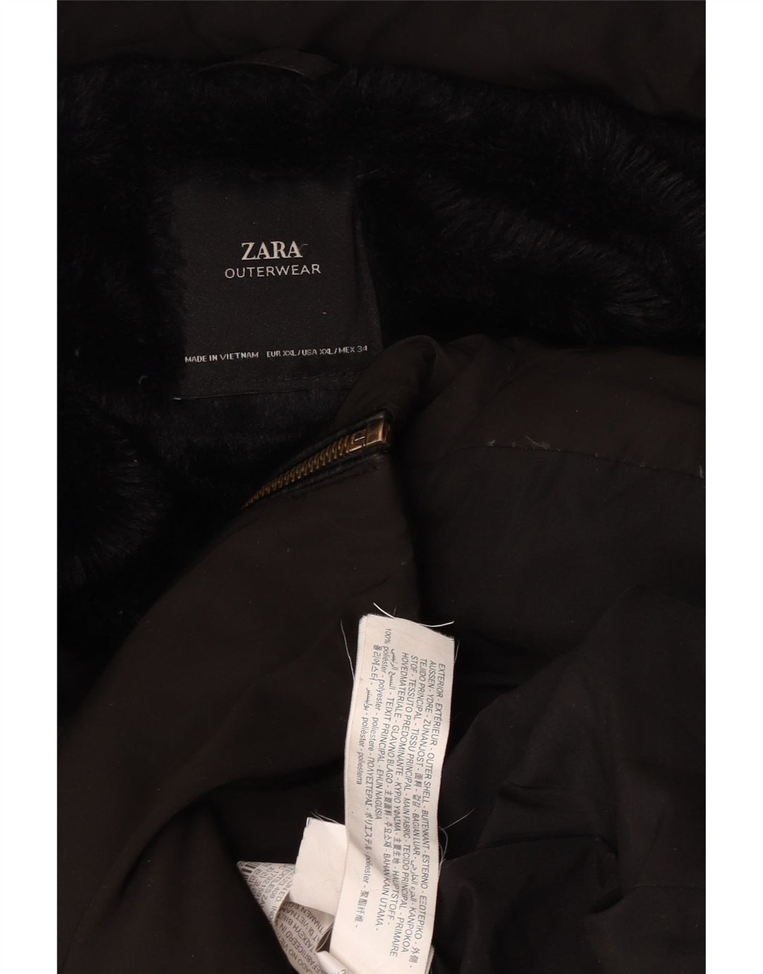 Casaco acolchoado com capuz feminino Zara UK 20 2XL poliéster preto