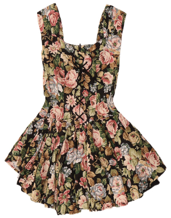 Vintage feminino sem mangas evasê UK 10 pequeno floral multicolorido