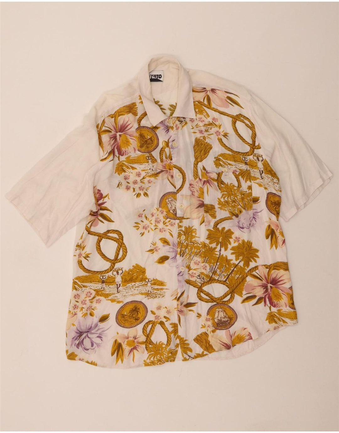 VINTAGE Womens Abstract Pattern Short Sleeve Shirt 3XL White Hawaiian
