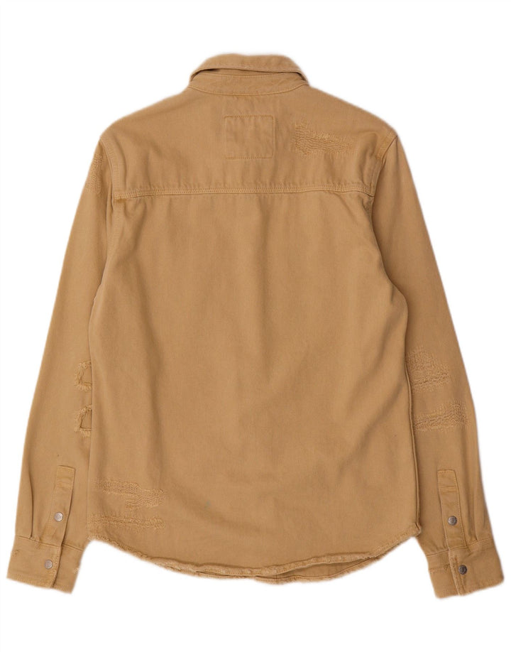 Camisa jeans masculina Zara com ajuste relaxado e desgastado pequeno algodão bege