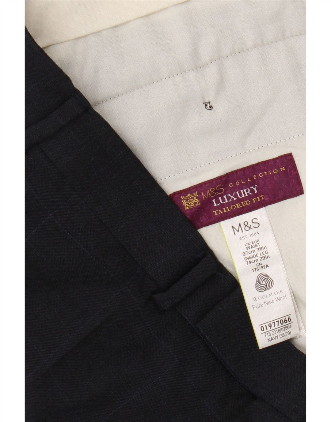 Calça masculina de terno reto Marks & Spencer W38 L29 azul marinho xadrez lã