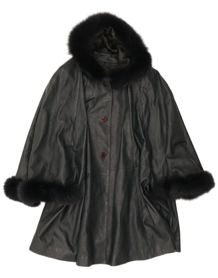 Casaco poncho feminino de couro com capuz SAKI Reino Unido 10 couro verde pequeno