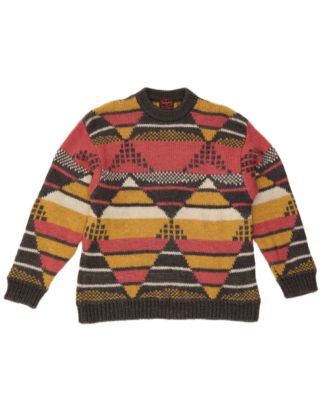 Suéter masculino ilimitado com gola redonda, lã geométrica multicolorida média