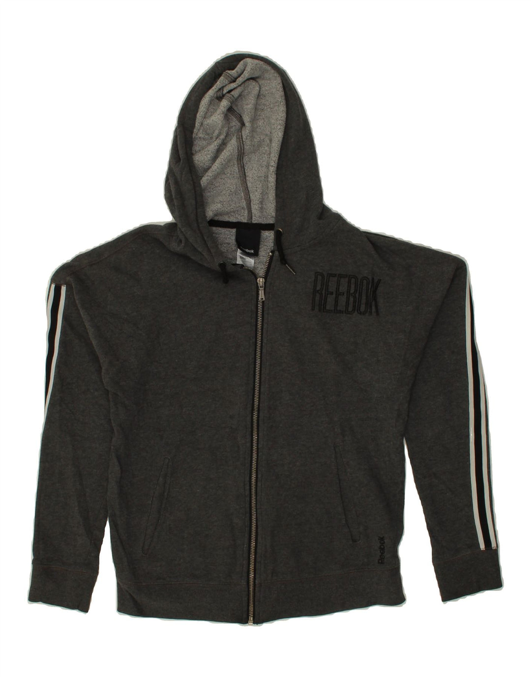 REEBOK Womens Graphic Zip Hoodie Sweater UK 6 XS Grey Cotton Vintage Reebok and Second-Hand Reebok from Messina Hembry 