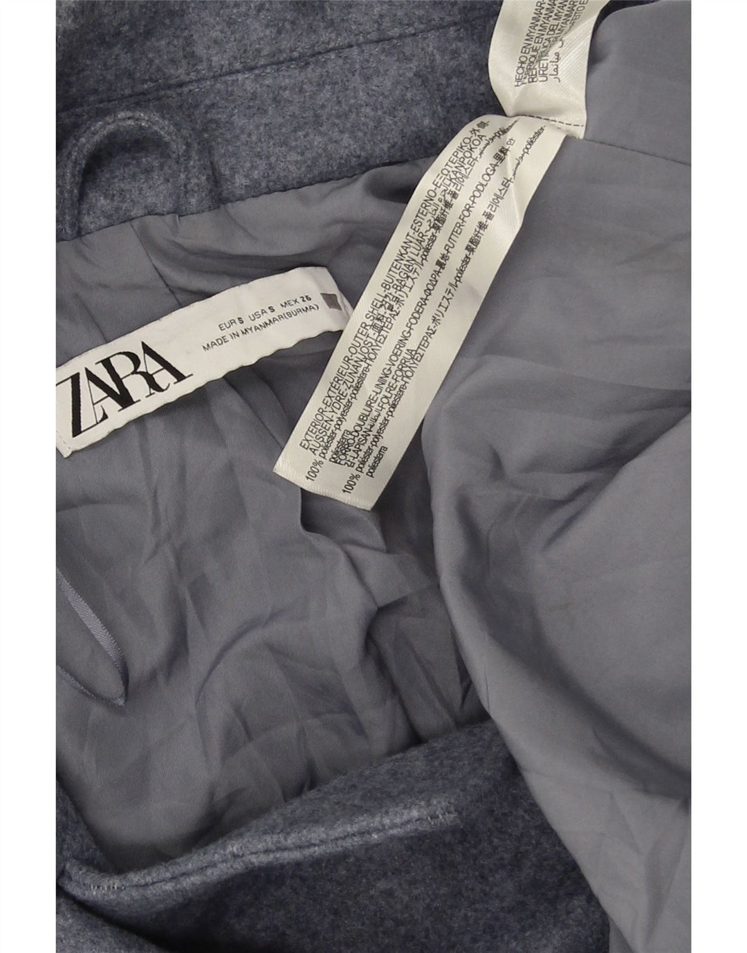 Casaco feminino Zara com peito duplo UK 10 poliéster azul pequeno