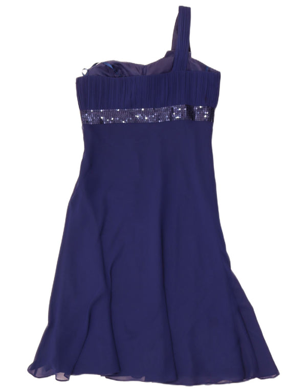 Debut vestido feminino de um ombro UK 12 poliéster azul médio