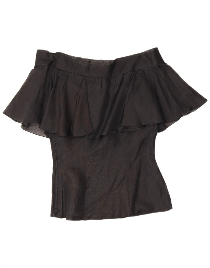 Top feminino vintage sem ombro UK 10 pequeno floral preto