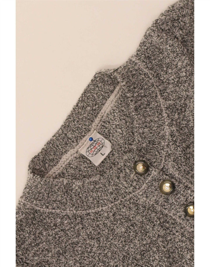 Suéter feminino vintage com gola redonda e botão UK 16 grande acrílico cinza