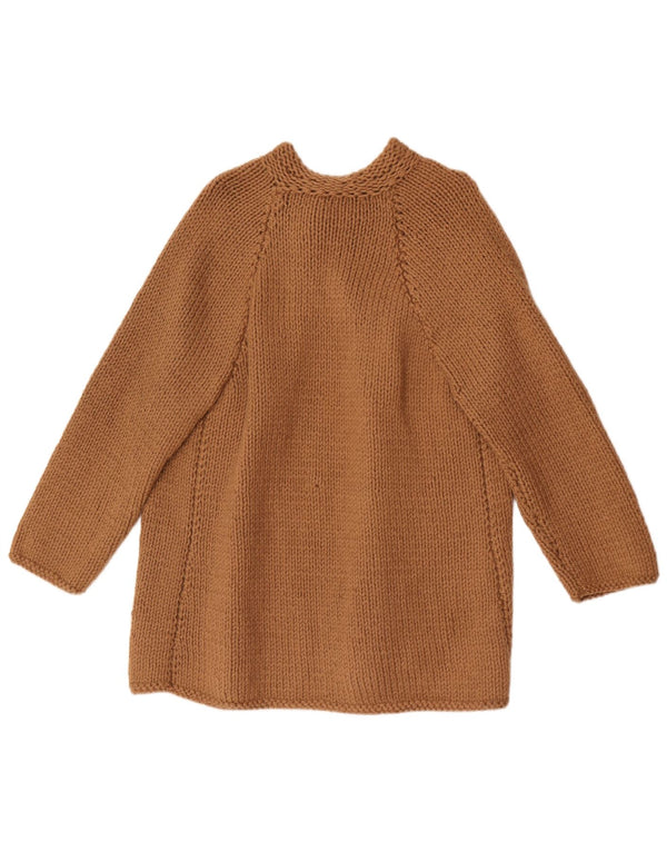 Suéter cardigã feminino vintage com manga 3/4, longline, Reino Unido 14, marrom médio