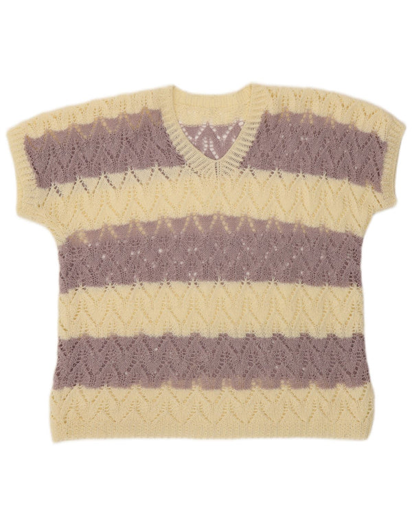 Suéter feminino VINTAGE de manga curta com decote em V Reino Unido 16 grande roxo