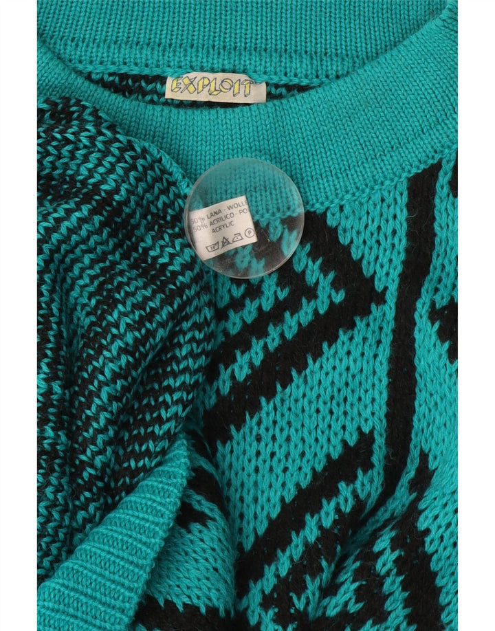 Suéter vintage masculino com gola tartaruga, lã geométrica turquesa grande