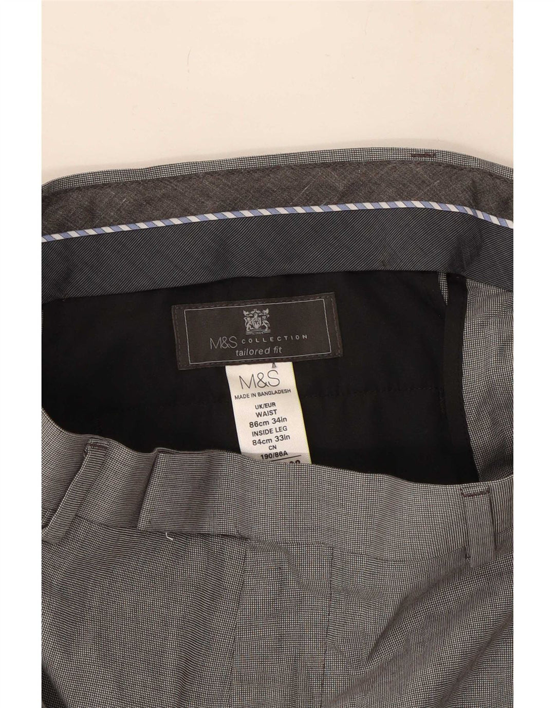 Calça masculina Marks & Spencer sob medida casual W34 L33 poliéster cinza