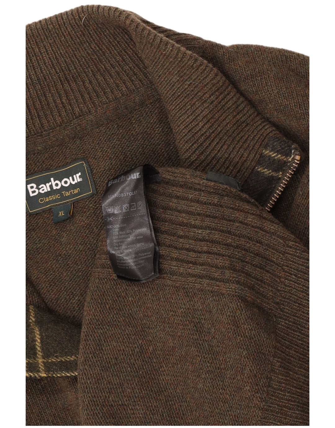 Suéter masculino Barbour com zíper e gola XL de lã cáqui
