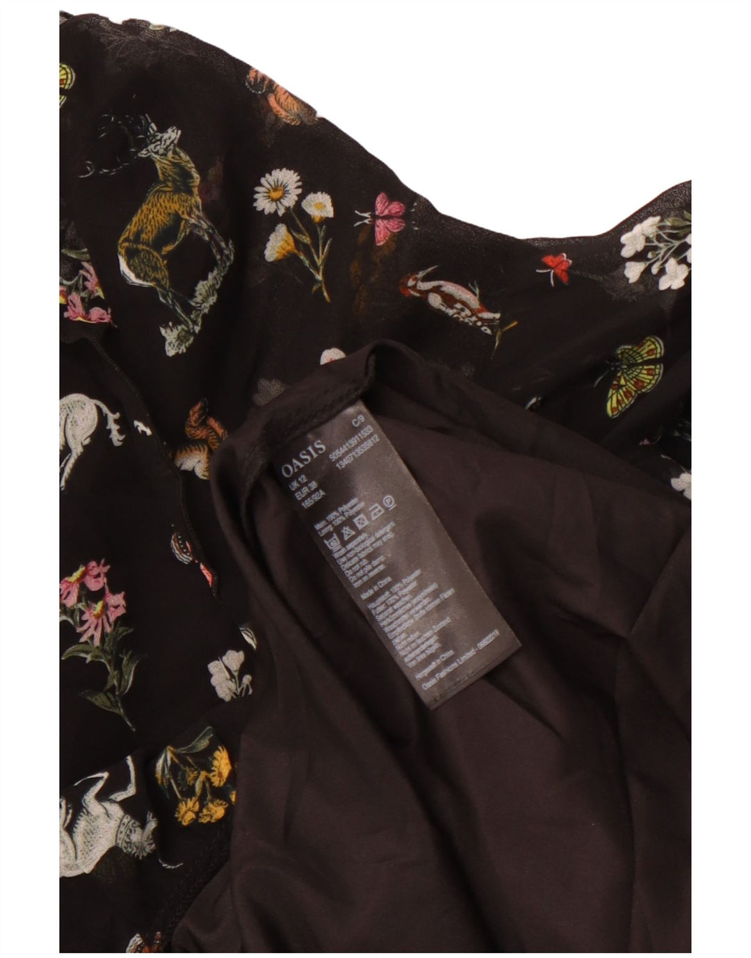 Vestido feminino OASIS de manga comprida evasê UK 12 poliéster floral preto médio