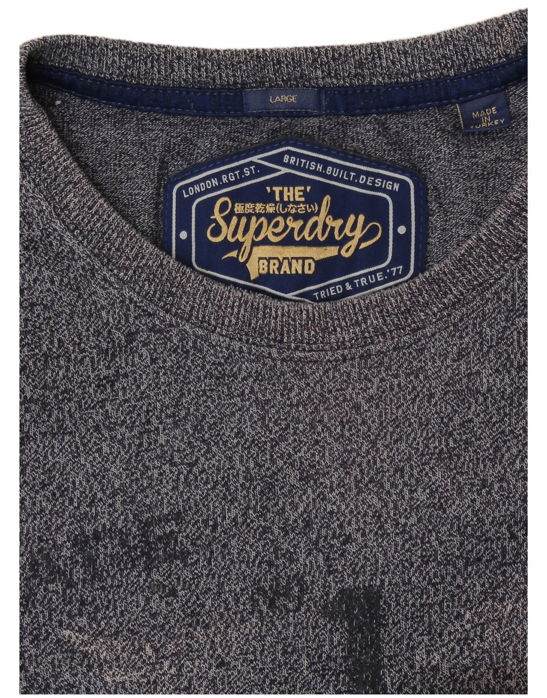 Camiseta masculina SUPERDRY com estampa gráfica grande algodão manchado azul marinho
