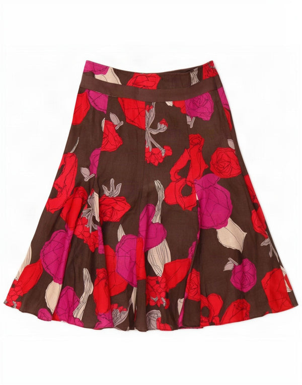 Saia evasê feminina Hobbs Reino Unido 8 pequena W28 linho floral marrom